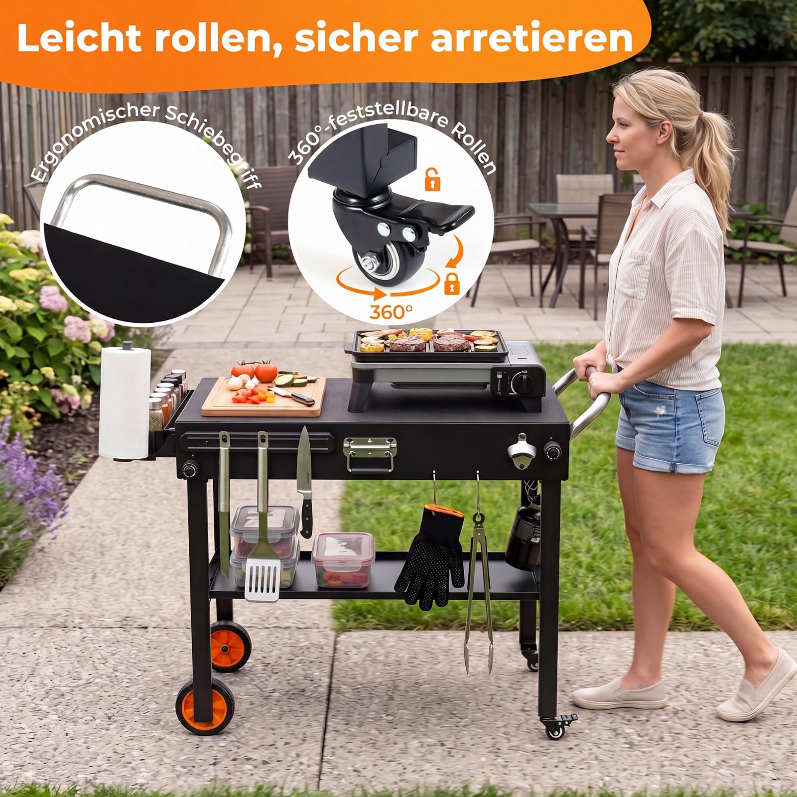 COSTWAY Grillwagen Outdoor, Grilltisch klappbar, Servierwagen Metall | Pizzatisch mit Rollen, 82 x 46 cm Arbeitsfläche & Hitzeschutzmatte, Grill Beistelltisch wetterfest, für BBQ Partys Garten