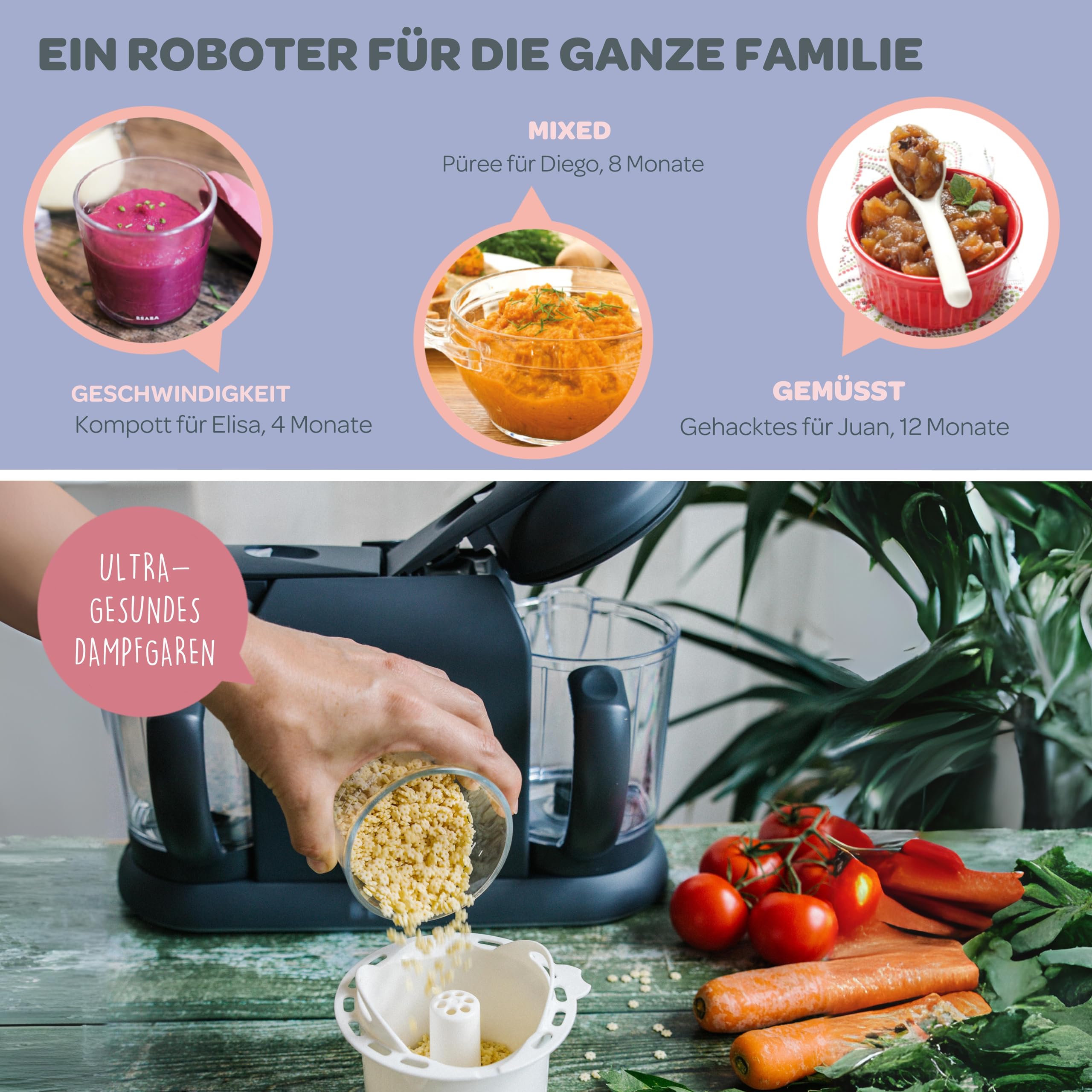 Béaba Babycook Duo Küchenmaschine 4 in 1 Mixer Schnelldampf 15 min Diversifizierung Lebensmittel Kleine Töpfe Baby Haus XXL Inhalt 2200 ml Dark Grey, 912952, Dunkelgrau