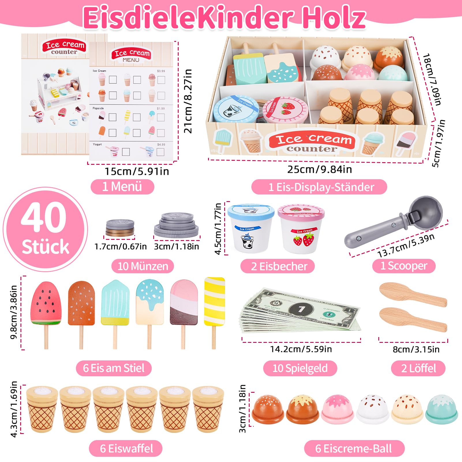 Eisdiele Kinder Holz, Montessori Spielzeug ab 3 Jahre, Holzspielzeug Kaufladen Zubehör, Kinderküche Zubehör Kaufladen Kinder, Eis Spielzeug Weihnachten Kinderspielzeug ab 3 Jahren Jungen Mädchen