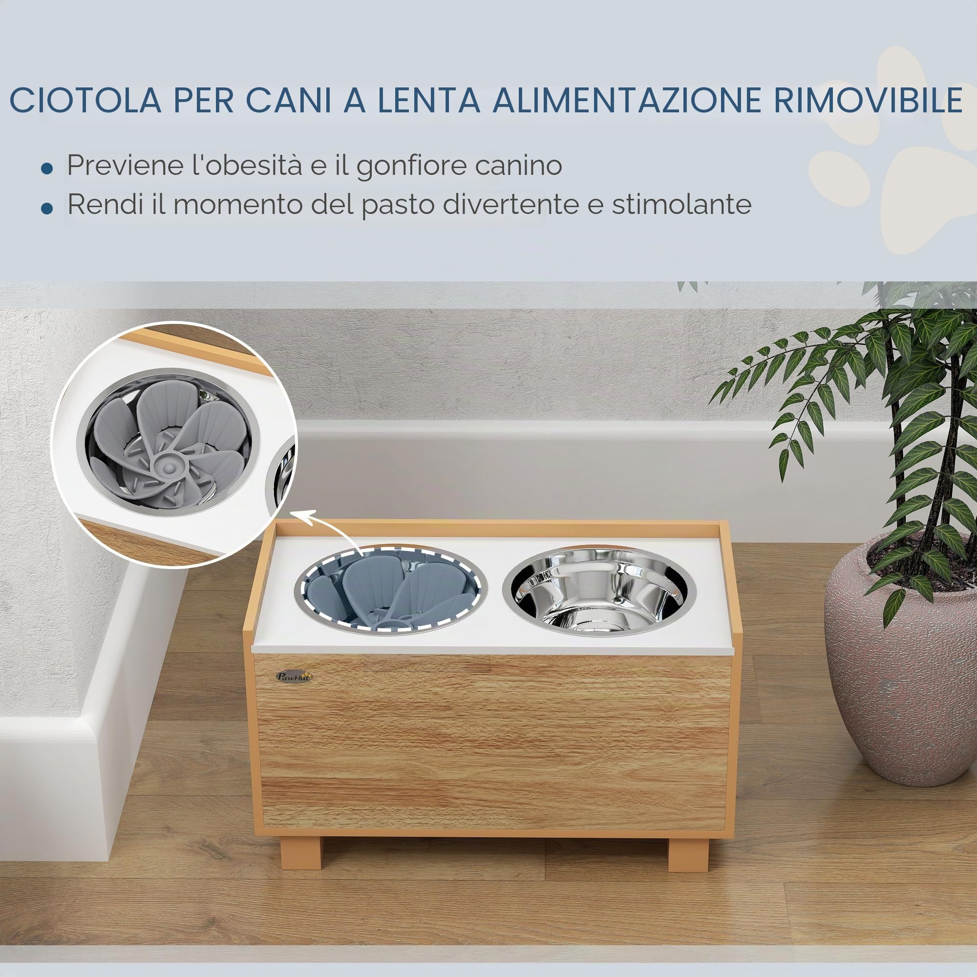 PawHut 14"H Ciotole rialzate per cani Supporto per animali grandi Quercia | Stazione alimentazione animali, ciotola anti-ingozzamento rimovibile, 2 ciotole inox per cibo e acqua, contenitore