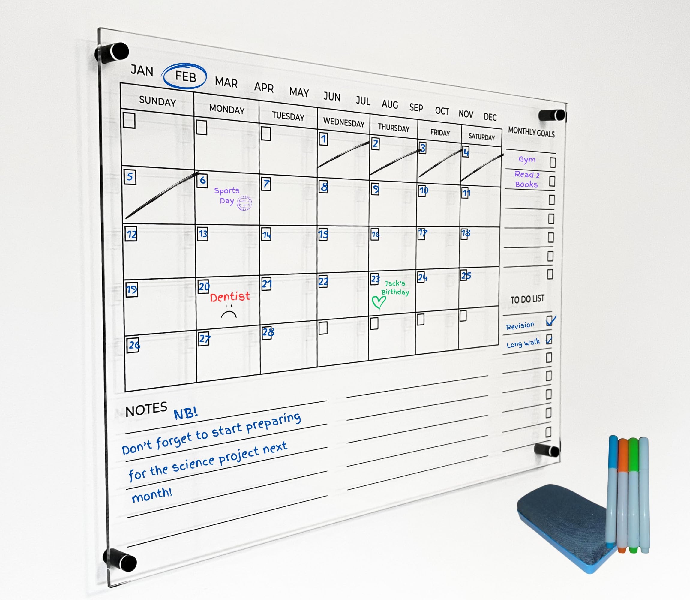 Acrylic Wall Calendar, Large 23"x16", 5mm Thickness, Includes Fitting Equipment, Eraser & 4 Dry Erase Pens, Monthly Planner, Weekly Planner, Wall Planner, Family Planner, Home Office.