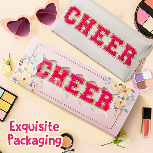 Miniatura 2 de Y1tvei Preppy Patch CHEER - Bolsa de cosméticos extragrande de piel sintética con letras de chenilla, color rosa intenso, impermeable, portátil,