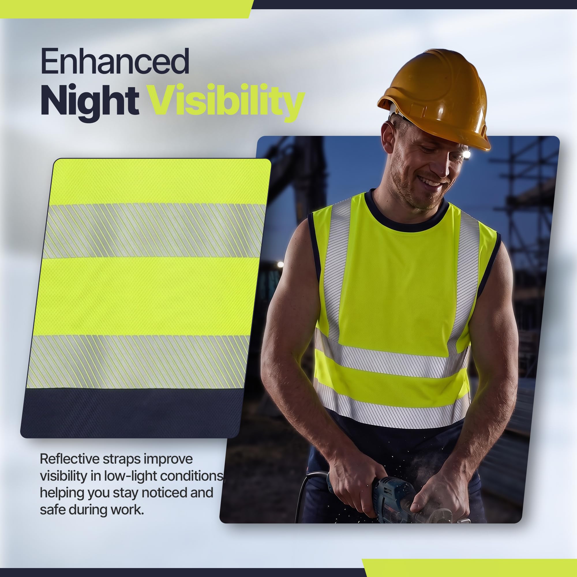 Golomak Hi Vis Viz Work Sleeveless Round Neck T-Shirt Reflective Vest (L), Yellow Navy Round Neck - Image 3