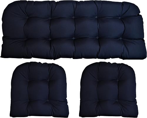 RSH DECOR Juego de 3 cojines de mimbre hechos con tela azul marino de lona Sunbrella (cojín de sofá biplaza de 44 x 22 pulgadas y cojines de silla