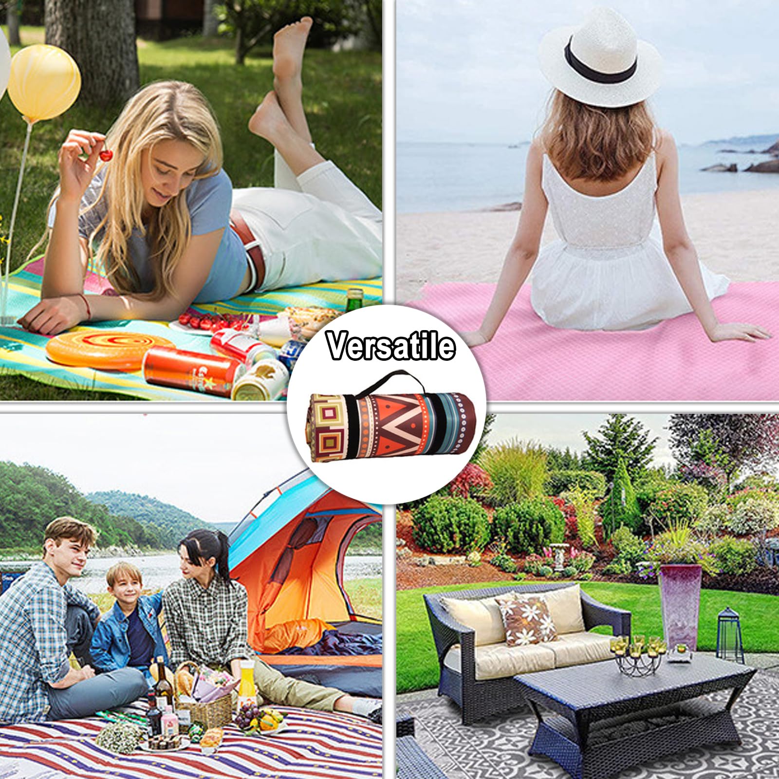 Grande coperta da picnic impermeabile, tappetino da spiaggia portatile resistente alla sabbia con cinghia di trasporto per campeggio, escursionismo e feste, pieghevole 300 x 300 cm, essenziale da