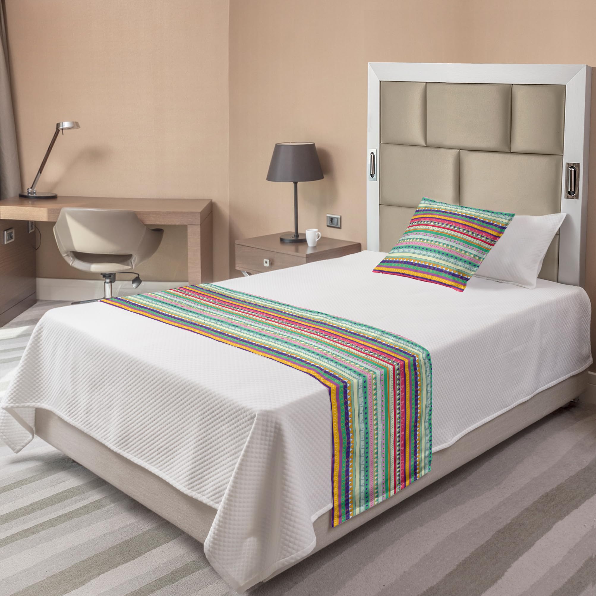 Lunarable Ethnic Bed Runner Set, Doodle Style Colorful Stripes with Circles Triangles and Arrow Timeless Art, Decorative Bedding Scarf and a Pillow Sham for Hotels Homes, Twin, Teal Magenta-image-15