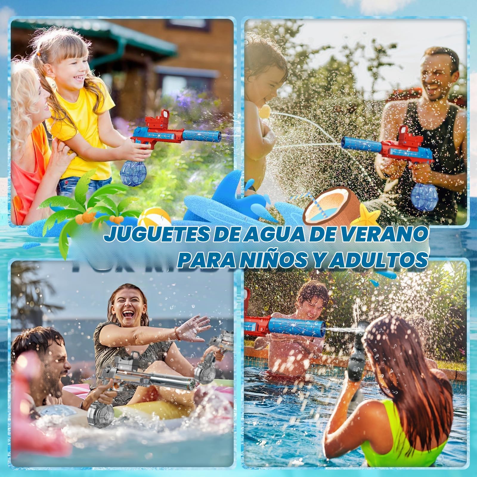 Tecnock 2026 Pistolas de Agua Eléctricas, Pack de 2 Pistolas Automáticas Recargables con Luz en la Boquilla, Alcance 8–10 m, Juguetes de Agua para Niños y Adultos, Piscina, Playa y Jardín