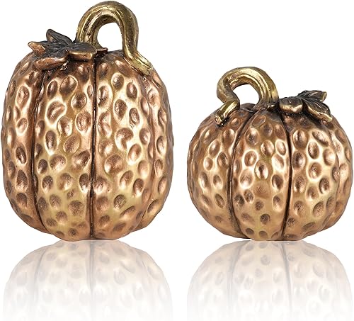 Juego de 2 figuras de calabaza de resina dorada, decoraciones texturizadas de cosecha de otoño para centro de mesa, decoración de Acción de Gracias,