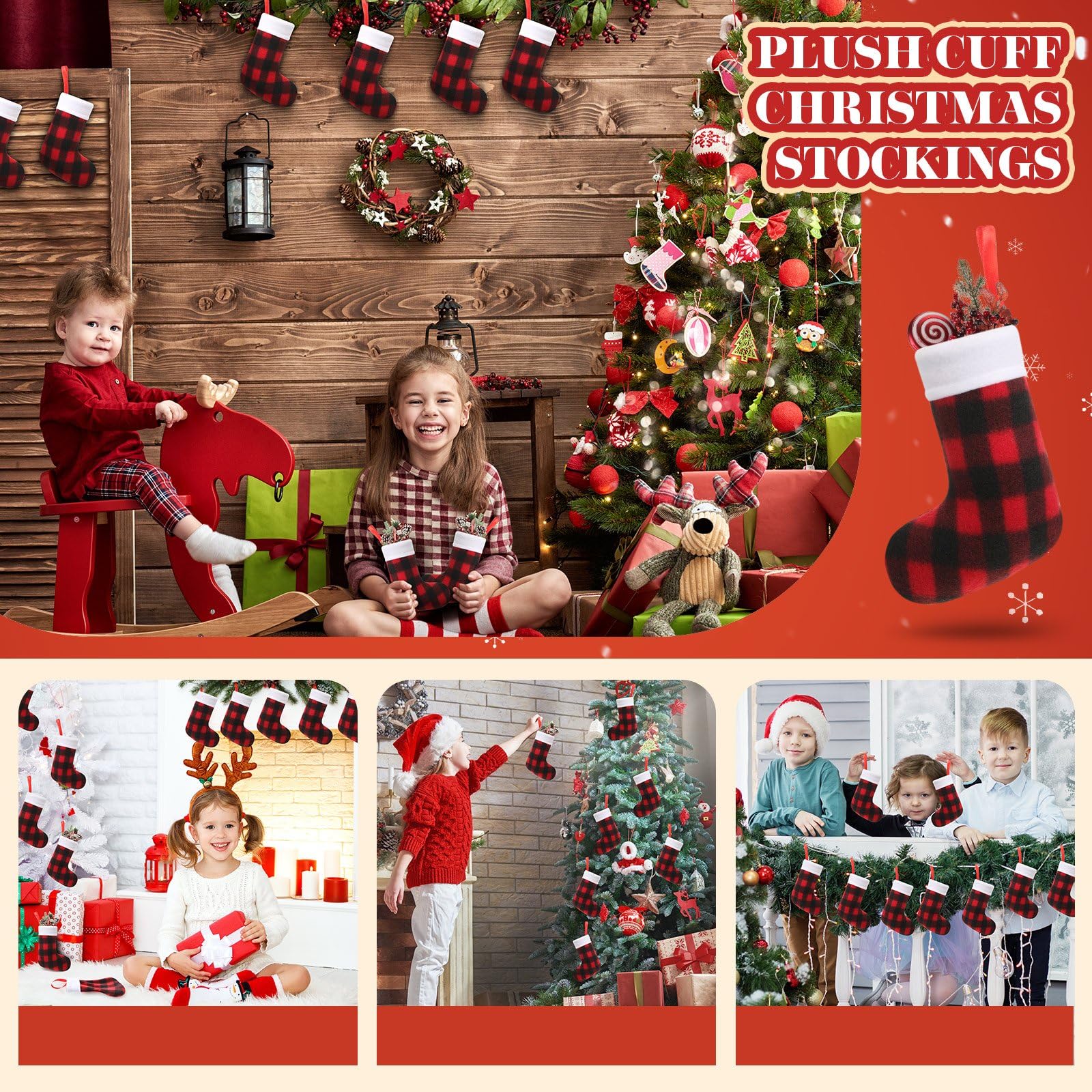Lot de 80 chaussettes de Noël à suspendre - Motif écossais - 17,8 cm - Avec revers en peluche - Petites chaussettes de Noël à suspendre - Noir et rouge - Décorations pour festival de famille
