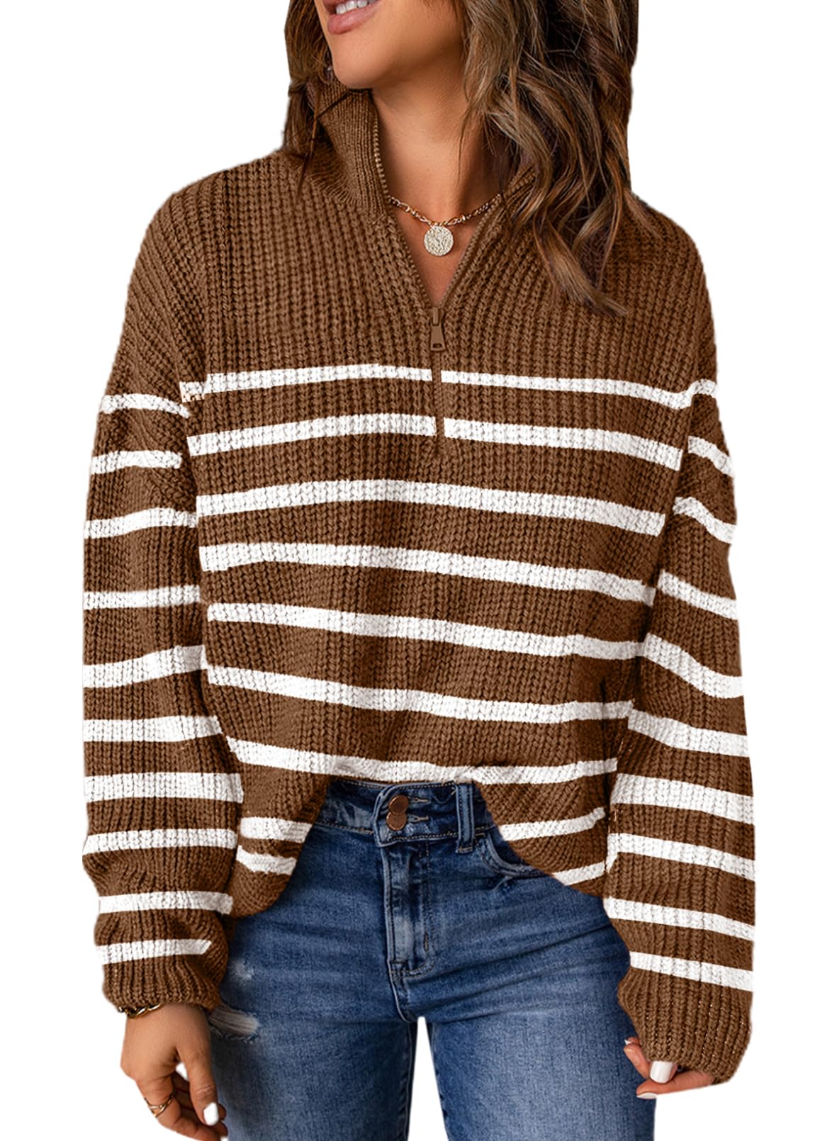 Dokotoo Womens Sweaters 1/4 Zip Pullover Polo V Neck Dressy Casual Tops