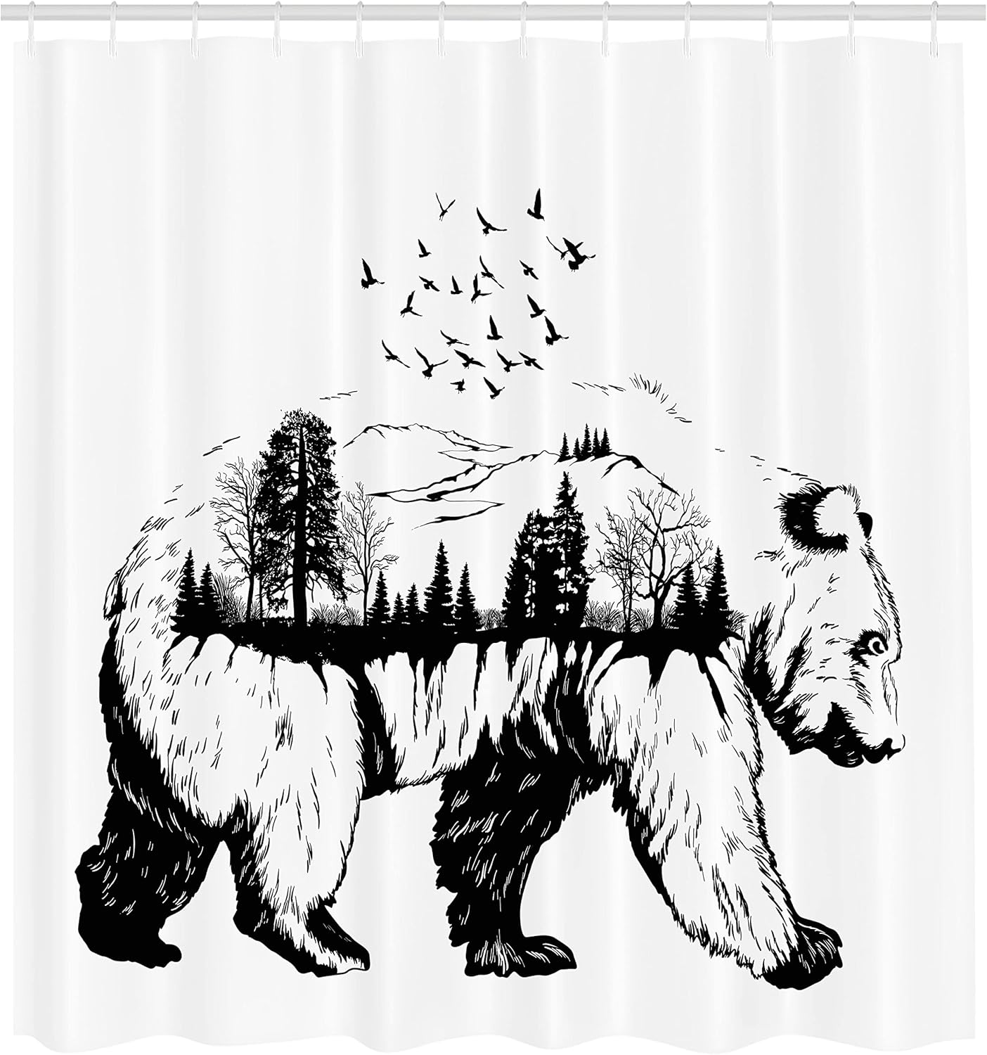 Ambesonne Cabin Shower Curtain, Hand Drawn Bear Double Exposure with Forest Trees Flying Birds Concept Artwork, Cloth Fabric Bathroom Decor Set with Hooks, 69" W x 84" L, White Black