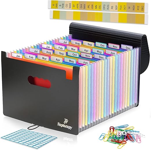 Accordion File Organizer, 26 Pockets Expanding Accordion Folder, A4 Letter Size Filing Organizer with Colorful Tabs, Elastic Cord, 60 Paper Clips, Labels & Stickers for Office, School, Home