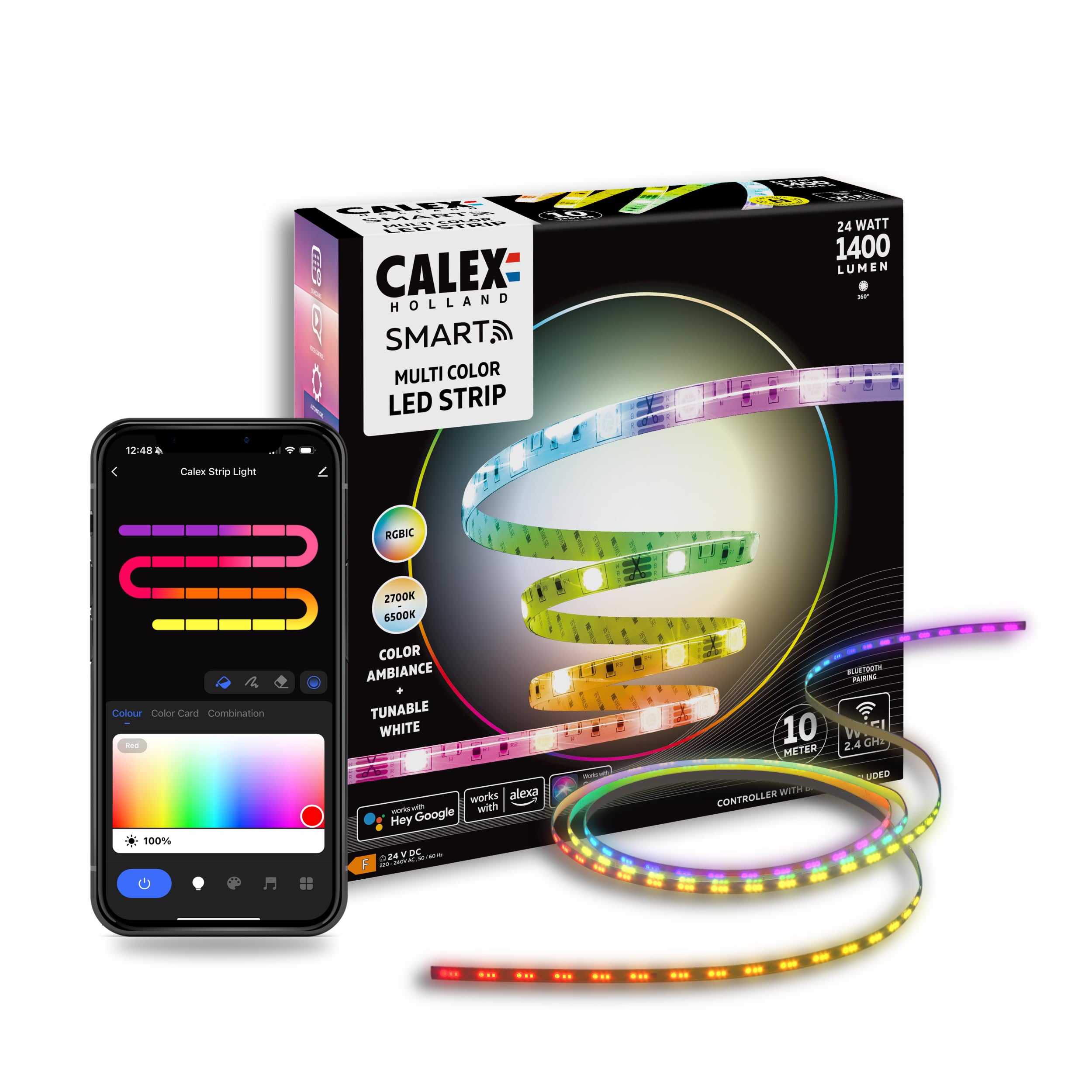 CALEX Tira LED Inteligente, 10m, RGBIC y CCT, Recortable, WiFi App | Combina degradados de color fluidos con luz blanca regulable de 2700K a 6500K