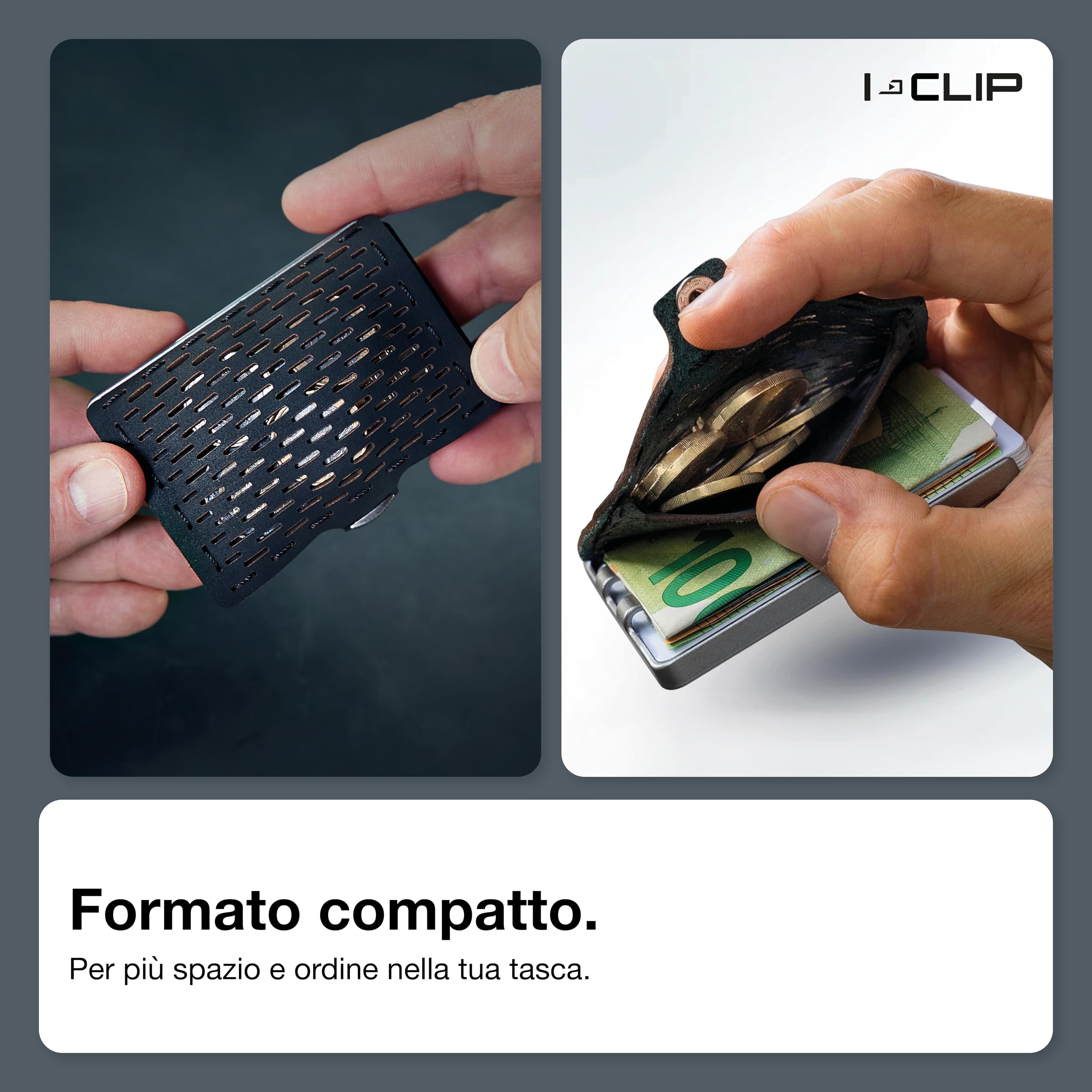 I-CLIP Steel Portafoglio Uomo Slim con Portamonete Banconote, Mini Wallet fino a 10 Carte, Pelle Nero, Telaio Acciaio Lucidato