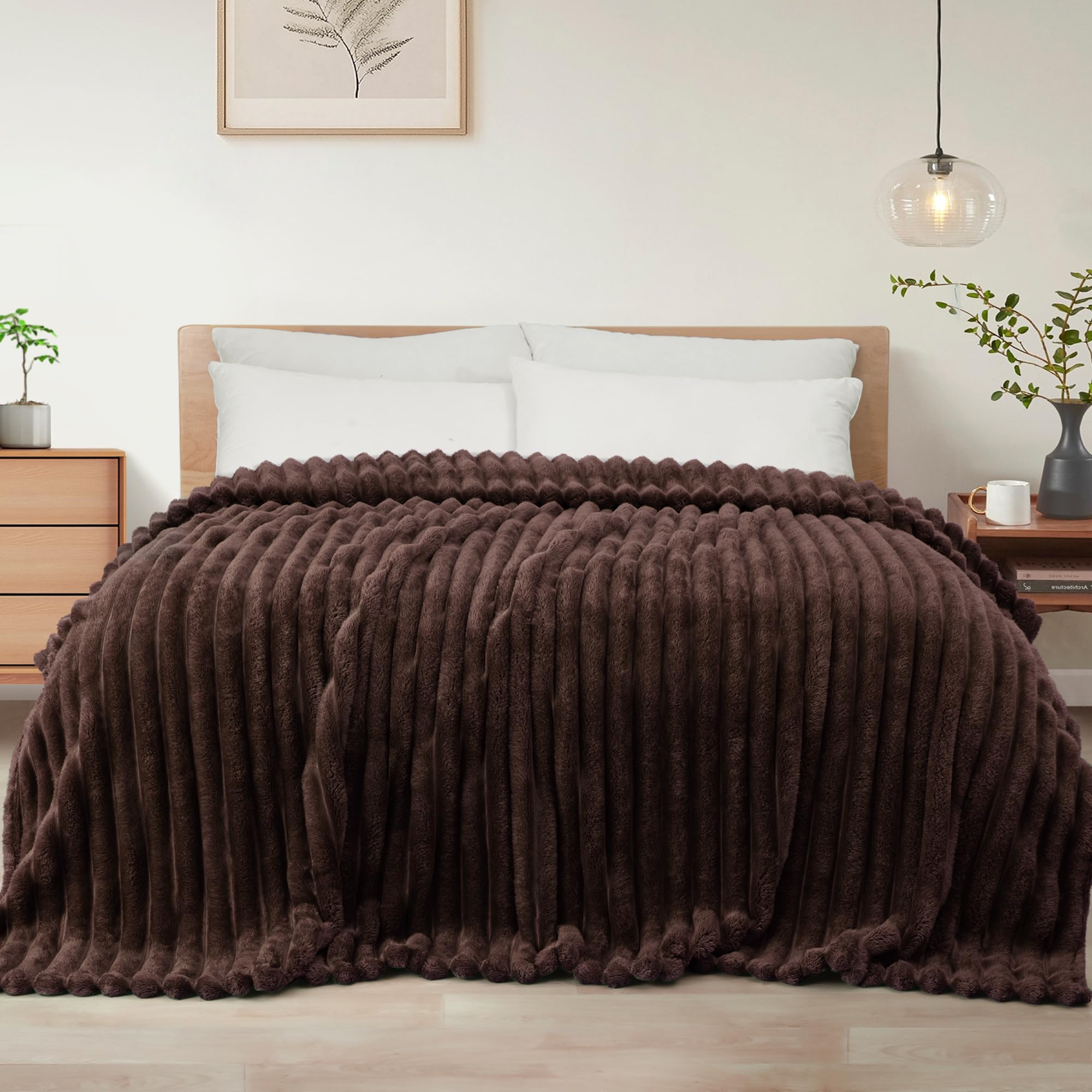 Photo 1 of Exclusivo Mezcla Queen Size Flannel Fleece Blanket, Super Soft Striped Jacquard Bed Blanket, Lightweight Fuzzy Cozy for All Seasons, 90x90 Inches, Coffee