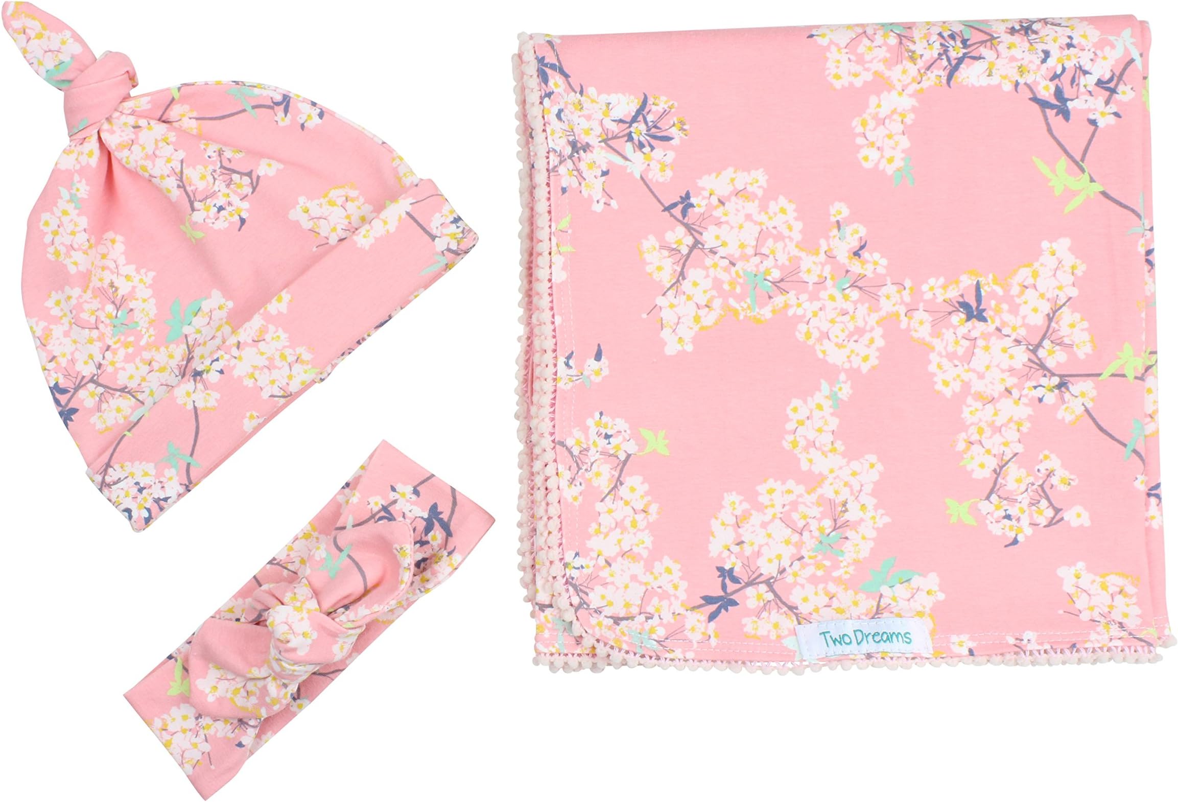 Pink Cherry Blossom Newborn Swaddle Set Swaddle Blanket Top Knot Hat Knot Headband Pink Pom Pom Blanket Jersey Swaddle Baby Blanket