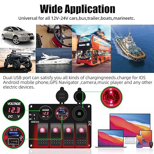 Miniatura 7 de Panel de interruptor basculante de barco marino de 4 bandas, color rojo, interruptor de palanca impermeable con ahorro de energía para camión, RV,