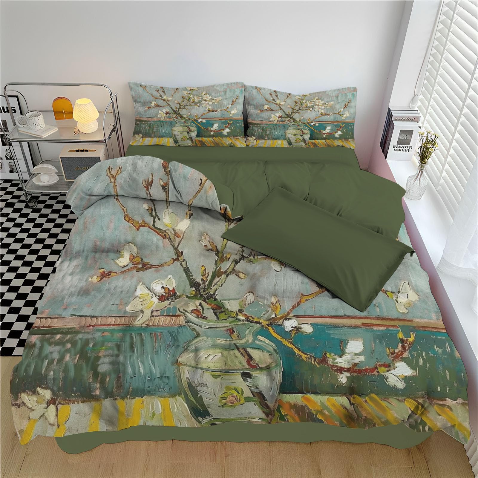Juego de Cama Reversible Rama De Albaricoquero Jarrón, Nórdica Estampada Edredón Pintura Al Óleo, Gris Verde Juego de Funda de 150x220cm 2 con 2 Fundas de Almohada para Cama de Matrimonio
