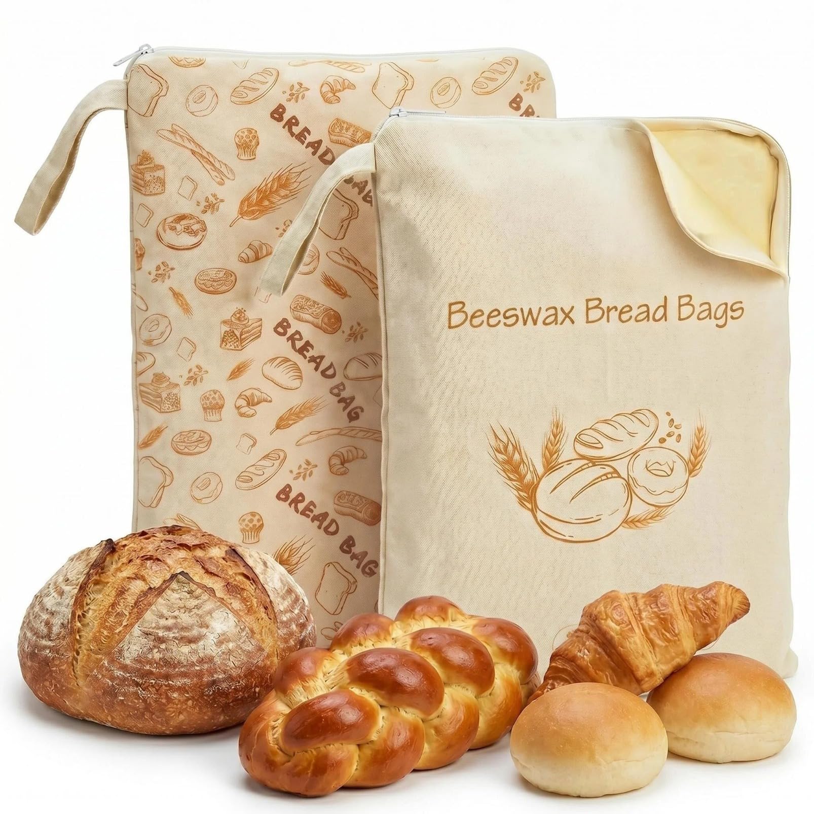 2 PCS Extra Large Beeswax Bread Bag, Natural Beeswax Lining Linen, XL Beige