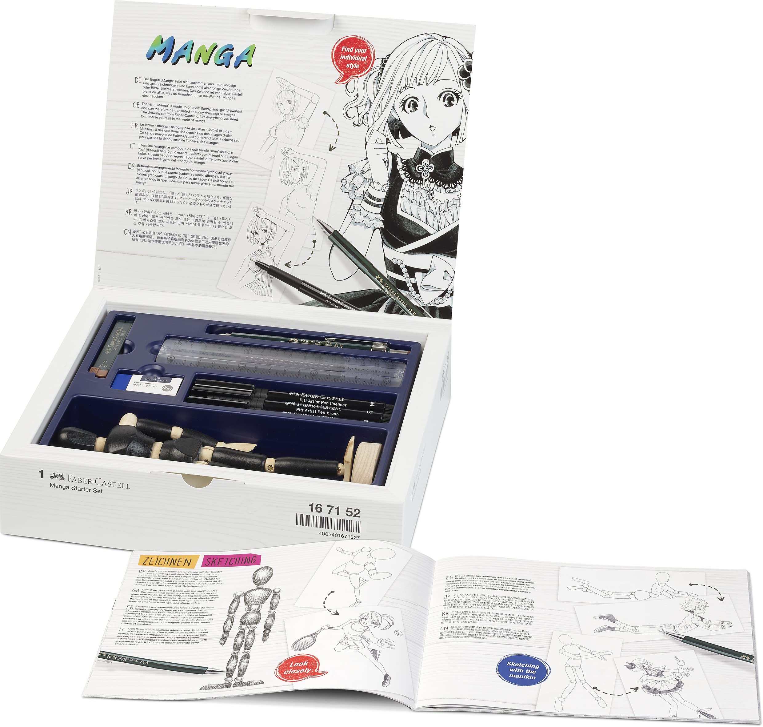 Faber-Castell Pitt Artist Pen, 167152, 3 artisti a inchiostro e accessori, 14 pezzi, kit di avvio manga, ombreggiatura fumetti con 4 diverse tonalità di grigio