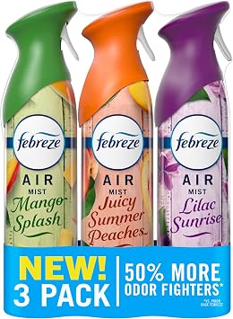 Febreze Air Mist, Air Freshener, Odor Fighting Room Spray, Deodorizer for Home Bathroom Kitchen Office Apartment Classroom, Lilac Sunrise, Summer Peaches, Mango Splash Variety Pack, 8.1oz Pack of 3