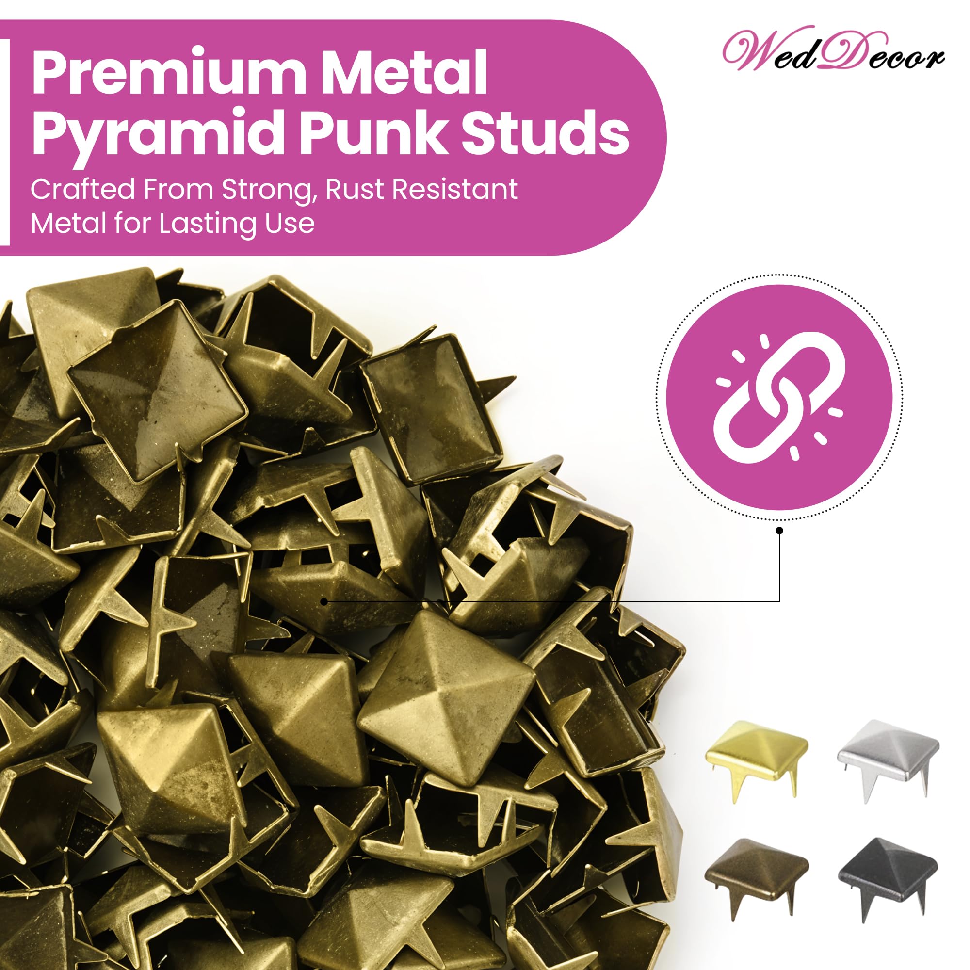 WedDecor Kit de pernos piramidales de 12 mm con juego de troqueles de 2 partes, 400 piezas de tachuelas de metal piramidales para manualidades, bolsos, vaqueros, chaquetas, máquina verde compatible