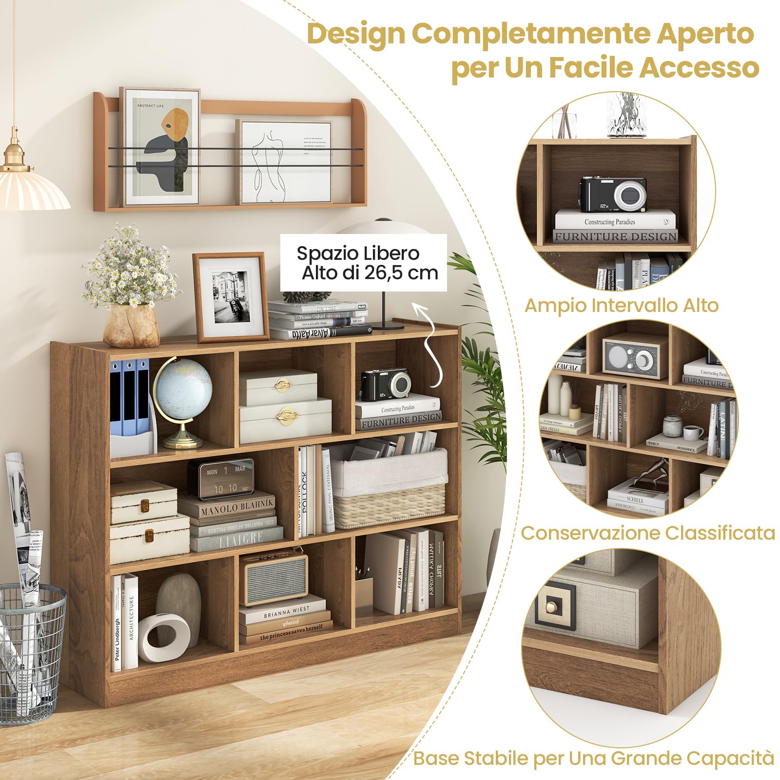GYMAX Libreria a Cubi in Legno, Scaffale Aperto a 3 Livelli con 8 Cubi, Libreria Scaffale Espositore per Soggiorno, Camera da Letto, Cameretta, Angolo di Lettura, 122 x 32 x 93 cm (Naturale)