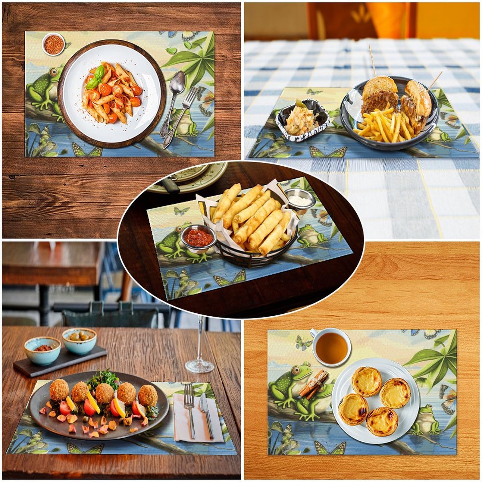 Tischsets aus PVC, Motiv: Viele Frösche singen auf den Zweigen, Sommerschmetterlinge, See, Wasser, waschbar, hitzebeständig, rutschfest, wasserdicht, Platzdeckchen-Set für Innen- und Außenbereich, 6