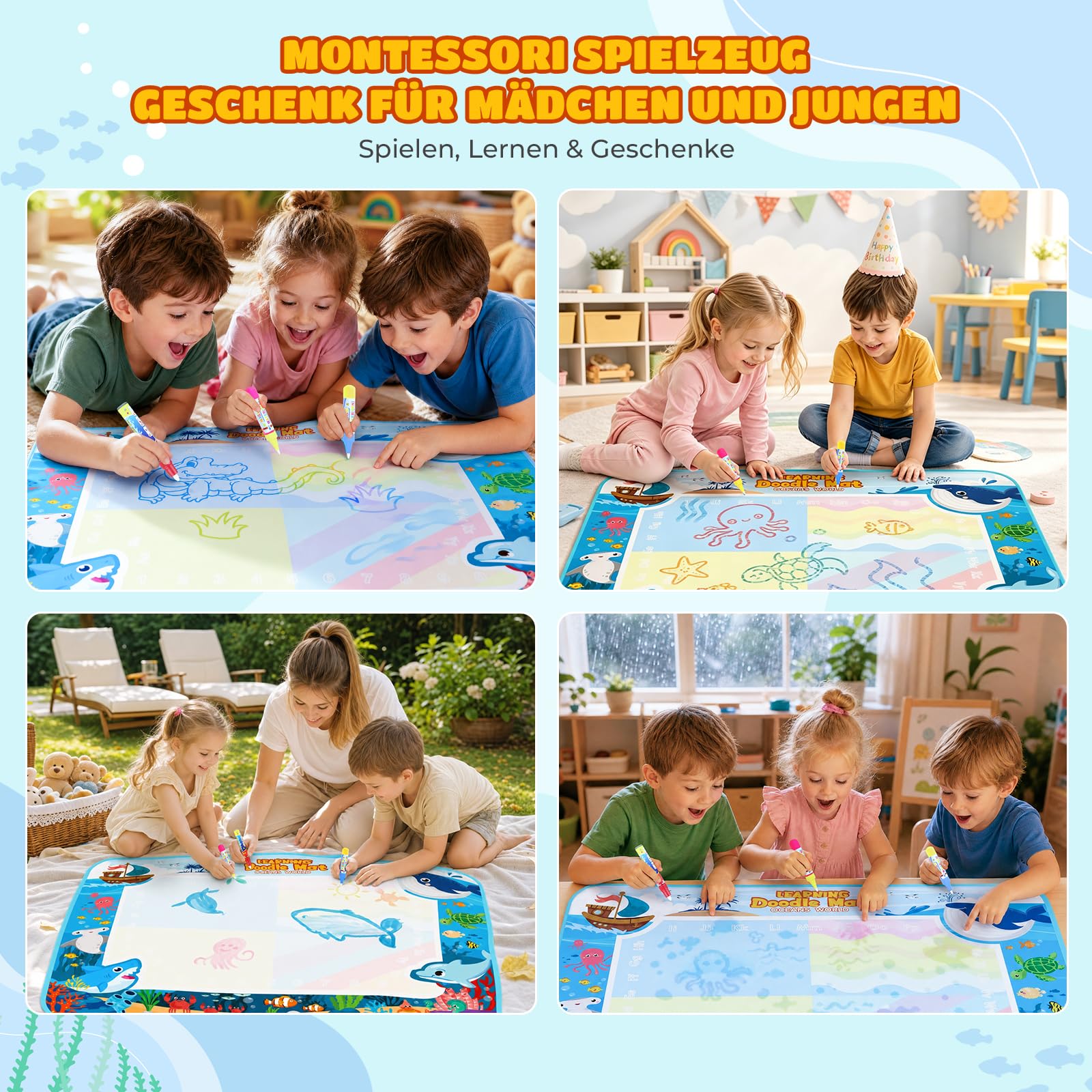 chellago Tappeto Magico 120x90cm, con Accessori, Giochi Educativi Interattivi per Bambini dai 2-6 Anni, Riutilizzabile, Nessun Inchiostro, Nessun Disordine