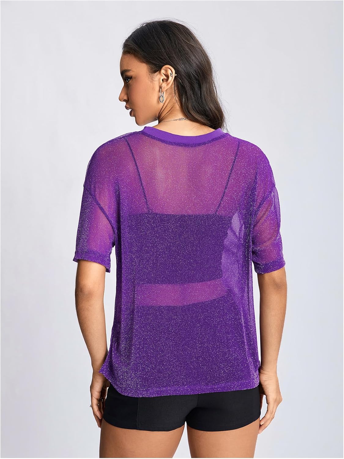 OYOANGLE Women's Sparkly Glitter Rave Going Out Top Short Sleeve See Through Blouse Summer Loose Mesh Shirt - Image 2