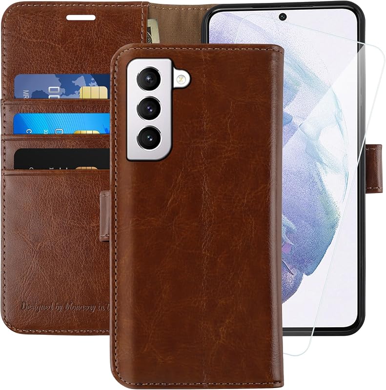 Wallet Case for Samsung S21 FE with 3 Card Holders - Brown | Kickstand,RFID Blocking,6.6 feet of shock absorption,PU Leather,Strong Magnetic Closure,Fits 6.4 inch ONLY,screen Protector