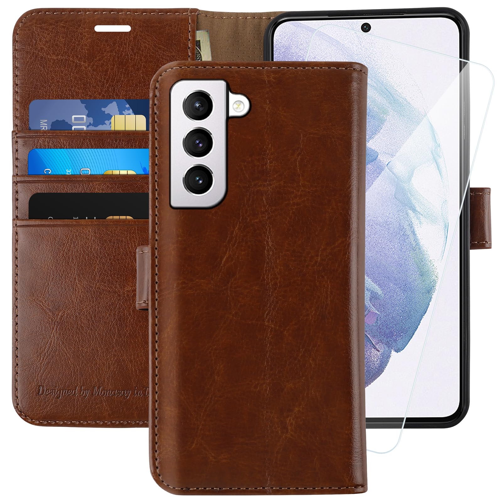 MONASAY Wallet Case Compatible for Galaxy S22+Plus 5G, 6.6 inch [Included Screen Protector][RFID Blocking] Flip Folio Leather Cell Phone Cover with