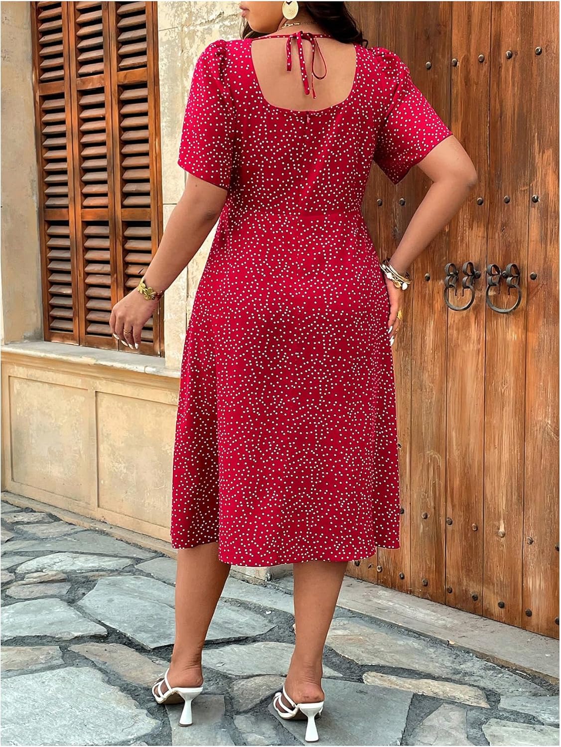 Floerns Women's Plus Size Petal Sleeve A Line Dress Polka Dots Drawstring Slit Midi Dresses - Image 3