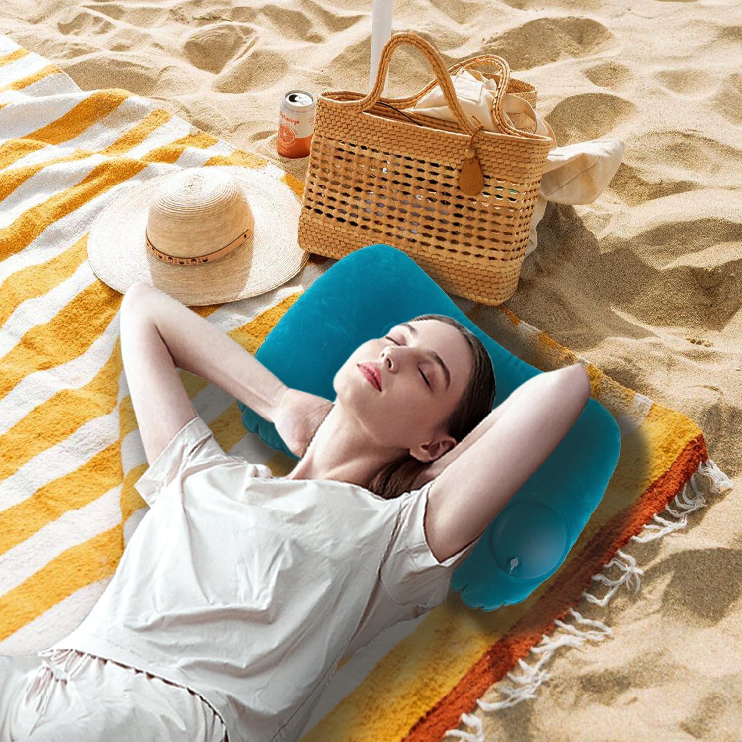 Cojín inflable de camping, almohada de viaje inflable para el cuello, almohada de playa ultraligera con bolsillos de almacenamiento, máscaras para dormir y tapones para los oídos, cojines inflables