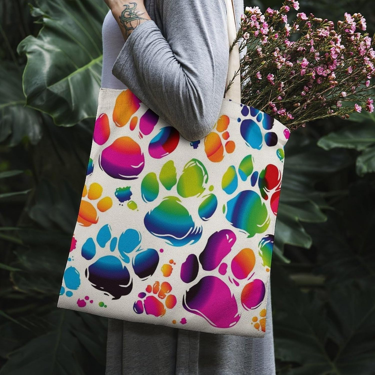 Canvas Tote Bag 16x15 In Lightweight Foldable Shoulder Hobo Purse | Colorful Dog Paw, Casual Tote with 10" Strap, Everyday Carryall, for Travel Work Grocery Shopping Beach Mark Gym Yoga