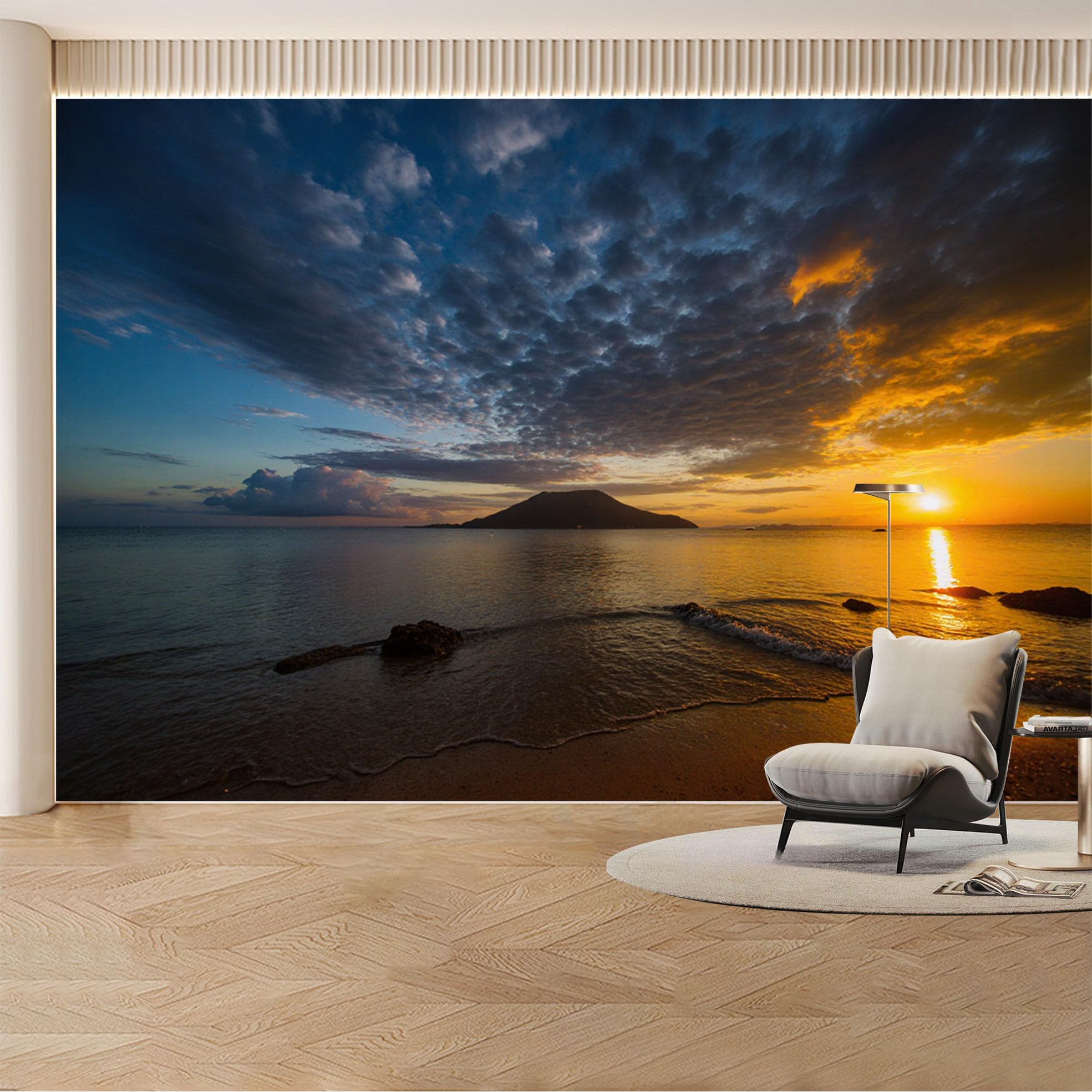 Custom Wall Mural Wallpaper Ocean Mountain Landscape 3D Effect Wall Decor Sunset Misty Removable SelfAdhesive Large Photo for Living Room， Bedroom， Office