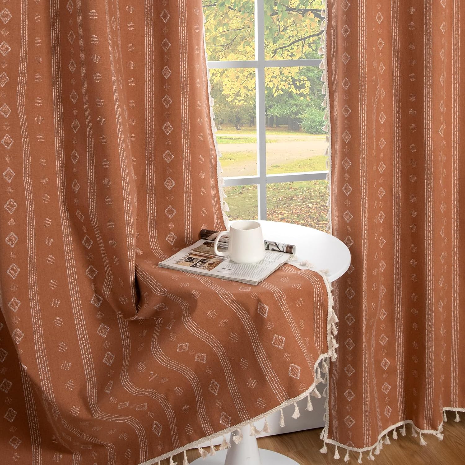ColorBird 100% Boho Blackout Curtains & Drapes 84 Inches Long Burnt Orange Decorative Patterned Black Out Window Curtains Cat Proof Western for Bedroom Decor Living Dining Room Closet