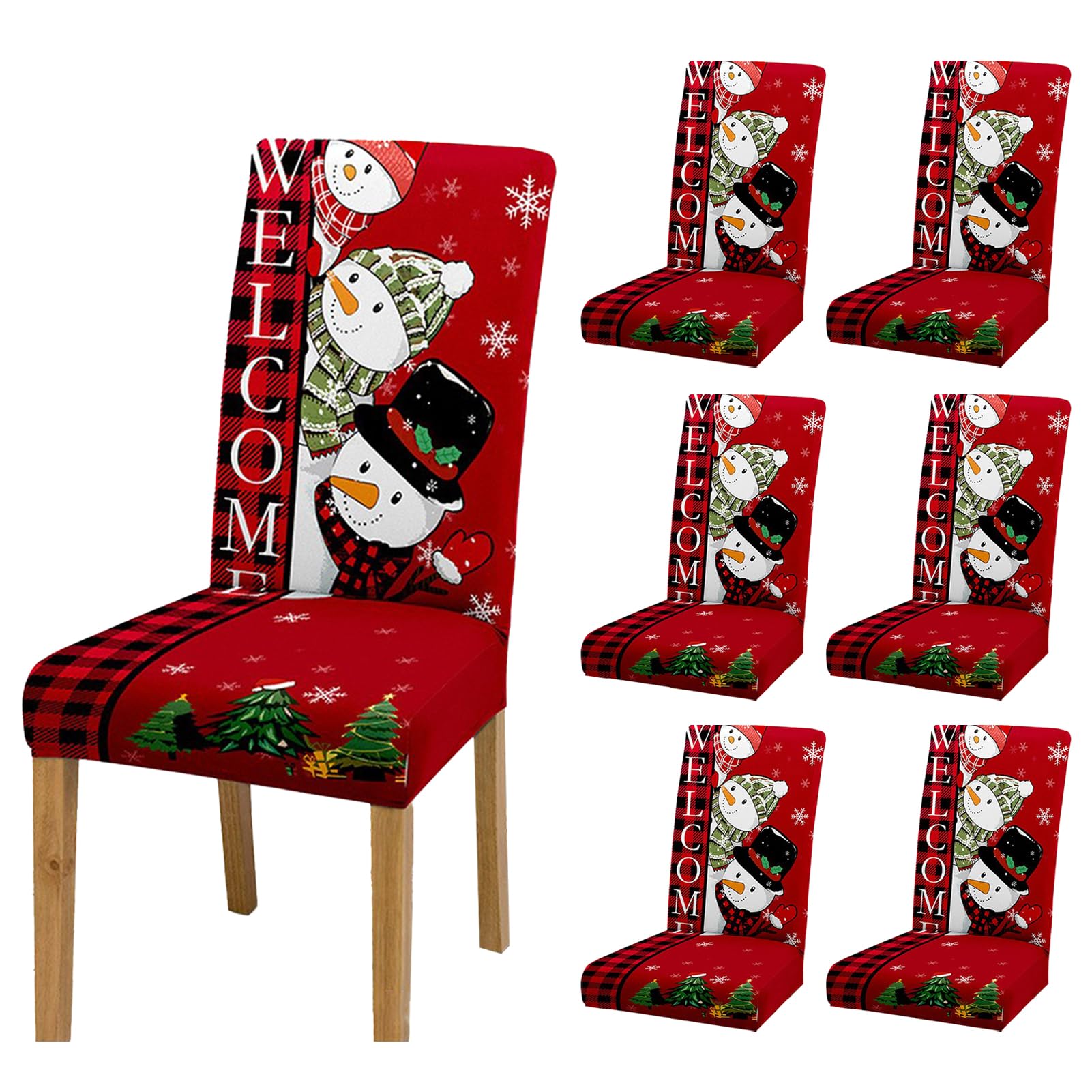 Tanant Christmas Chair Covers Red Plaid Welcome Chair Cover Snowman Print Chair Covers Washable Stretch Chair Covers Removable Chair Covers for Home Xmas Festival (6pcs)
