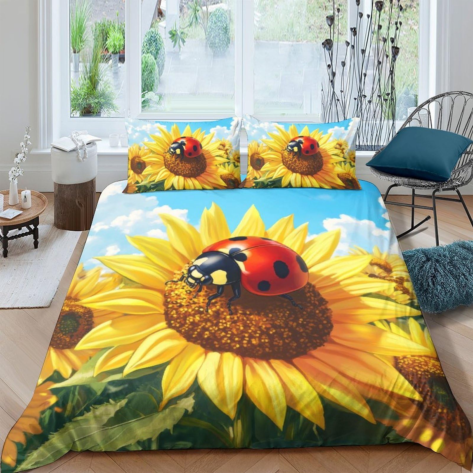 Ctjqhvkz Style-7 3D Printed Sunflower Ladybug Fitted Sheet Microfiber Soft Yellow Floral Bed Cover For Bedroom Guestroom Decor Single（135X200cm）