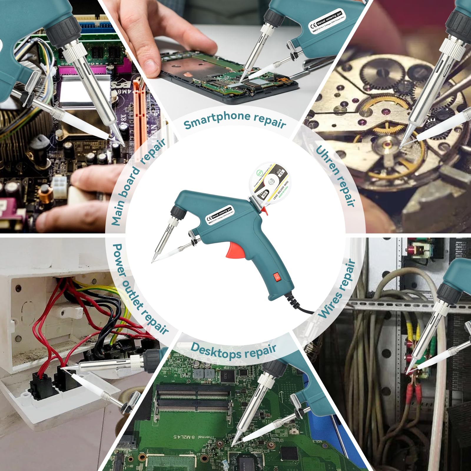 Kit de pistola de soldadura electrónica de 60 W, juego de 5 puntas de soldadura, bomba desoldadora, pinzas, cables de soldadura para reparación de coches, joyas, bricolaje, reparación de placas de