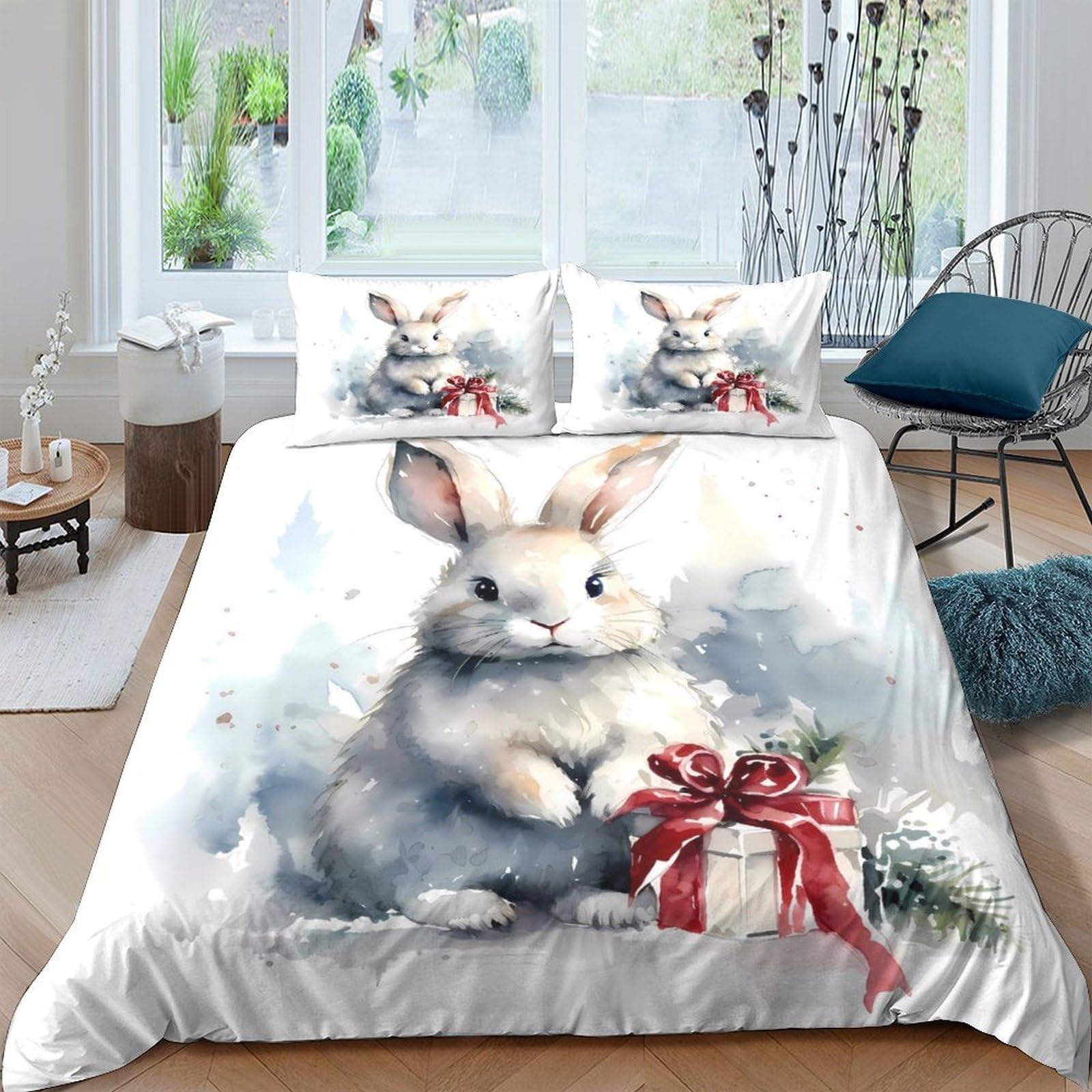 Ctjqhvkz Style-9 3D Printed Bunny Snow Forest Fitted Sheet Microfiber Soft Anti-Slip Gift Rabbit Bed Cover For Bedroom Decor Single（135X200cm）