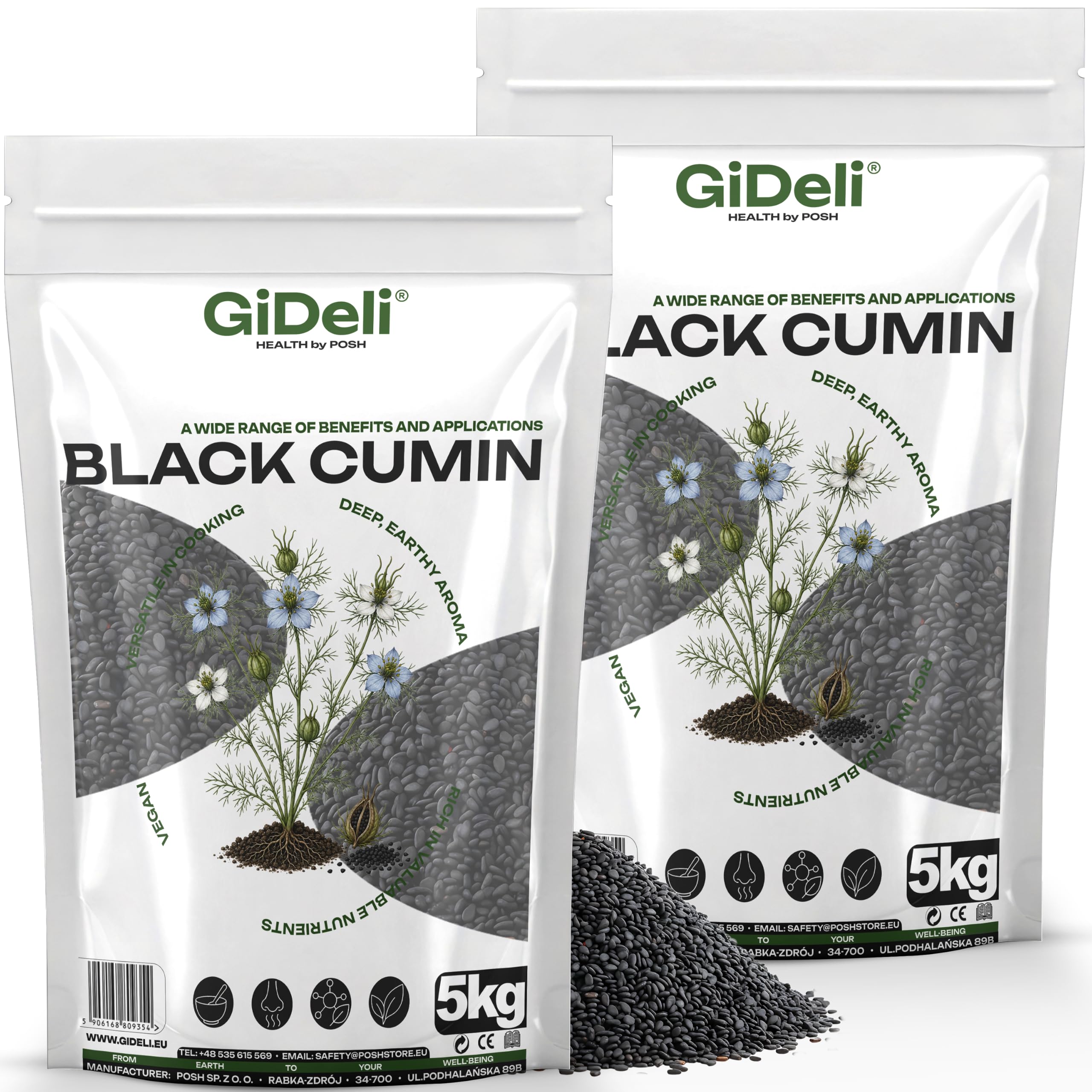 GiDeli Schwarzkümmel Ganz 2x5kg - Echter Nigella Sativa - Tiefes Erdiges Aroma, Schonend Verarbeitet - Frische Ganze Schwarzkümmelsamen Vegan für Brot, Salate, Joghurt & Tee