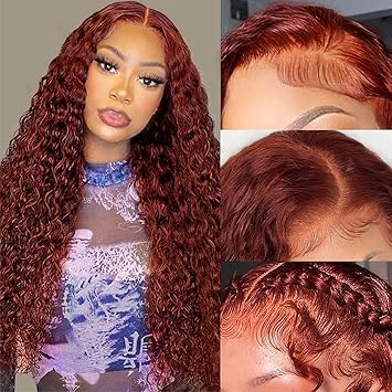 Reddish Brown Deep Wave Lace Front Wigs Human Hair 33b Color 13x4 HD Lace Frontal Wig for Women 180% Density Glueless Copper Red Curly Wig Pre Plucked 26 Inch