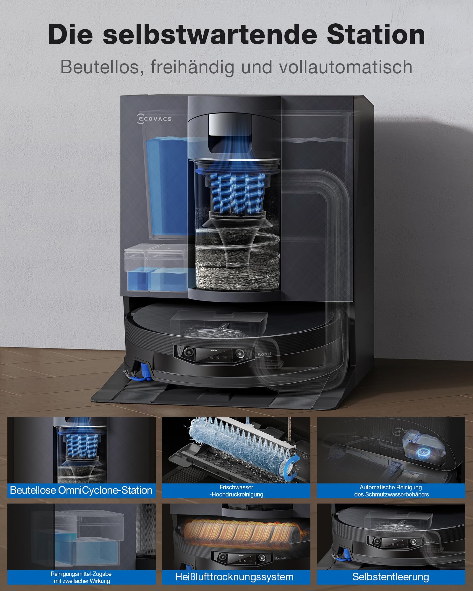 ECOVACS X12 OMNICYCLONE Saugroboter mit Wischfunktion, Blast & 22.000 Pa, FocusJet-System zur Fleckenvorlösung, OZMO Roller 3.0, Ausfahrender Wischmopp, PureCyclone 2.0 Auto-Entleerung, Silberschwarz
