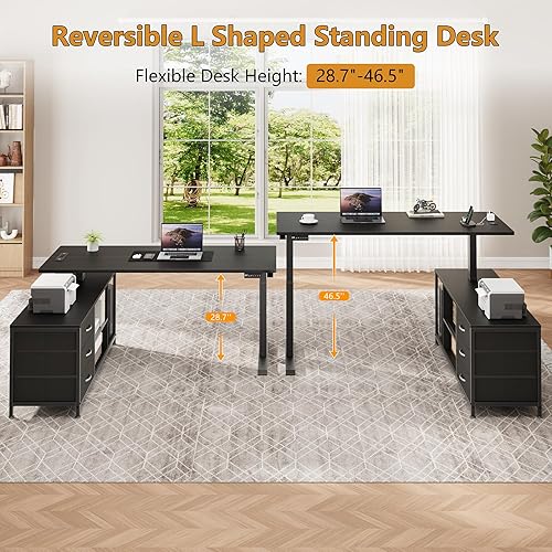 Miniatura 4 de Escritorio eléctrico de pie en forma de L con cajones y estantes, escritorio de computadora de esquina ajustable en altura con tomas de corriente,