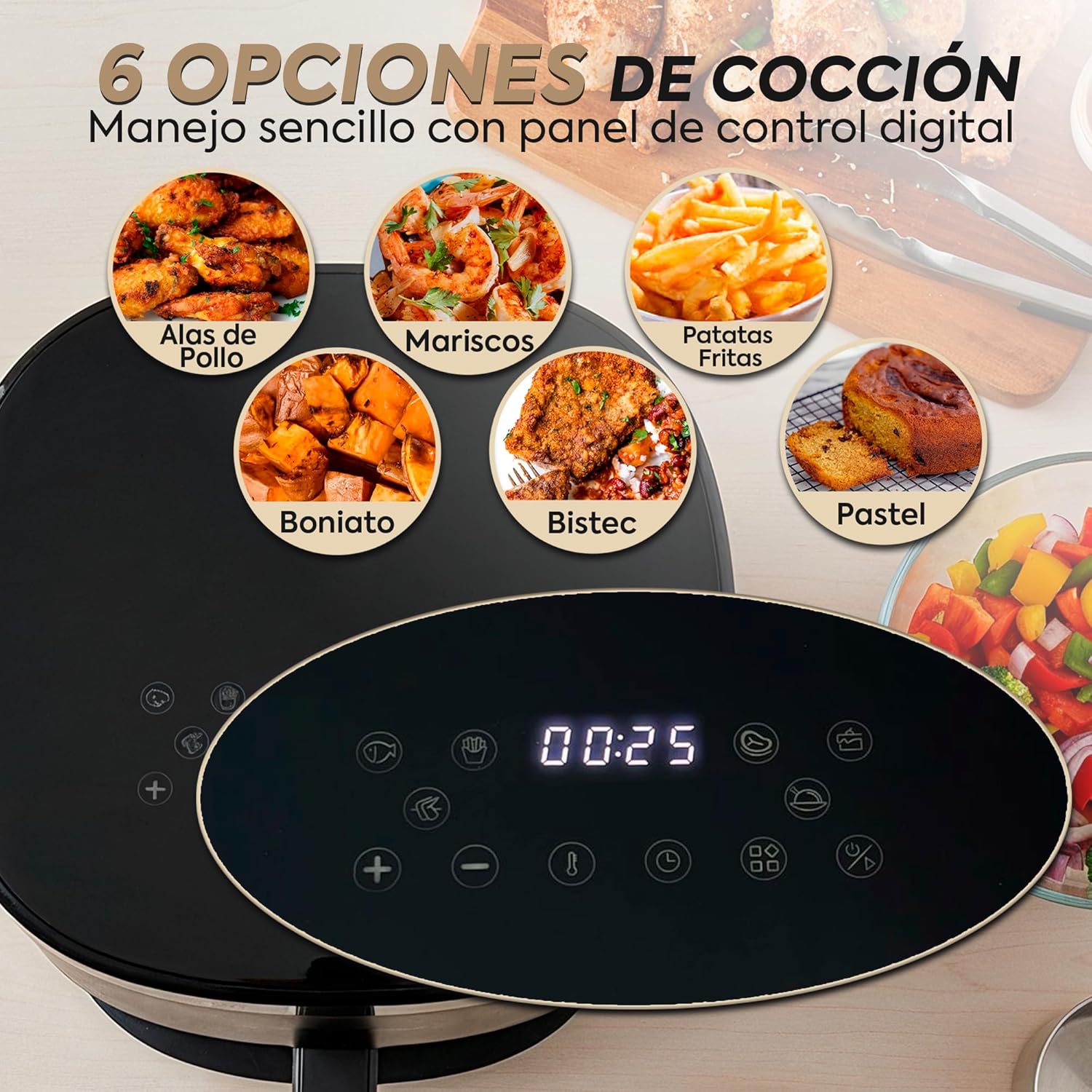 Close-up of the Narvi NF10 Air Fryer's digital control panel displaying 6 automatic cooking options: chicken wings, seafood, fries, sweet potato, steak, and cake.