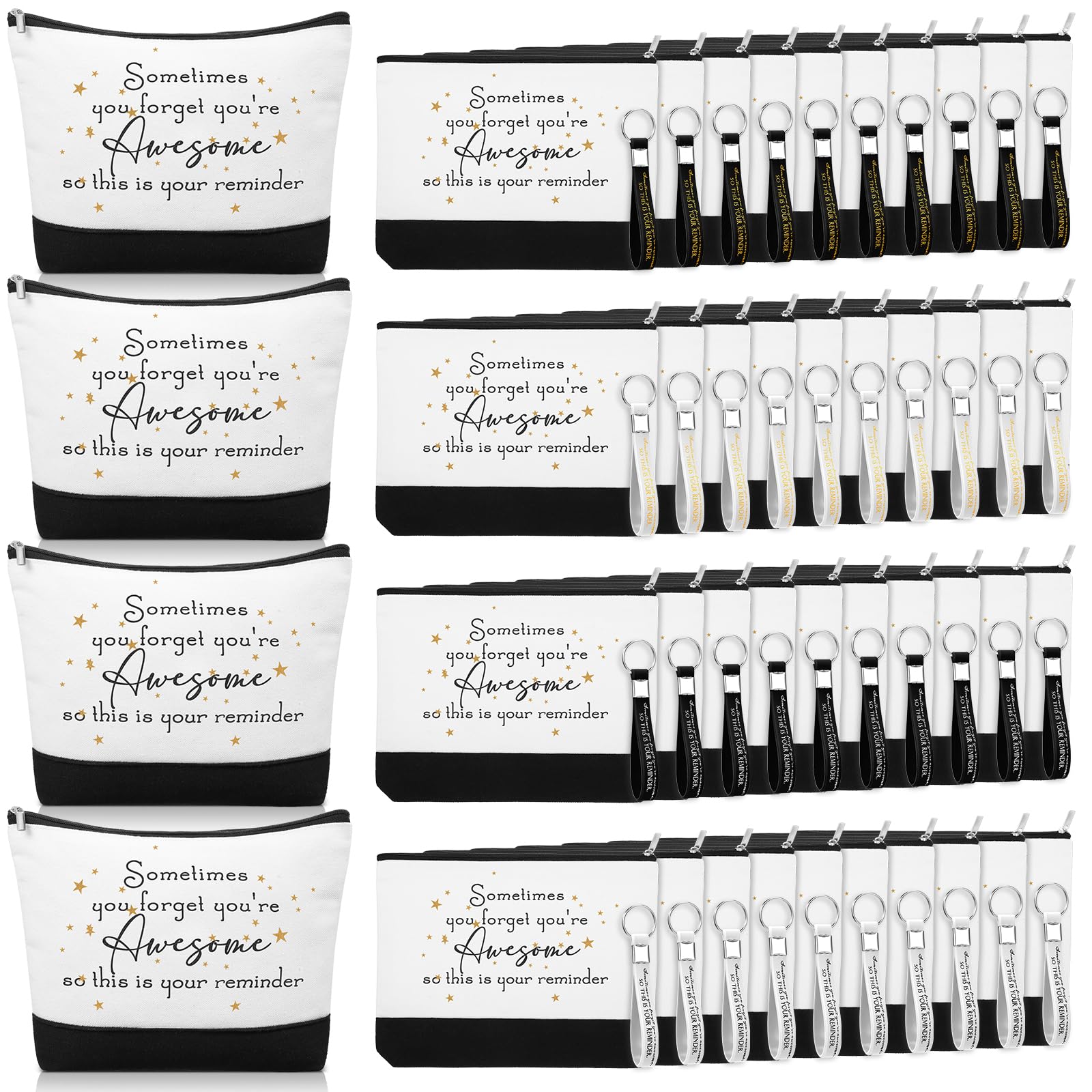 Sanwuta 80 Pcs Employee Appreciation Gifts Canvas Cosmetic Bag Bulk Inspirational Makeup Bags with Thank You Keychains for Women Social Worker