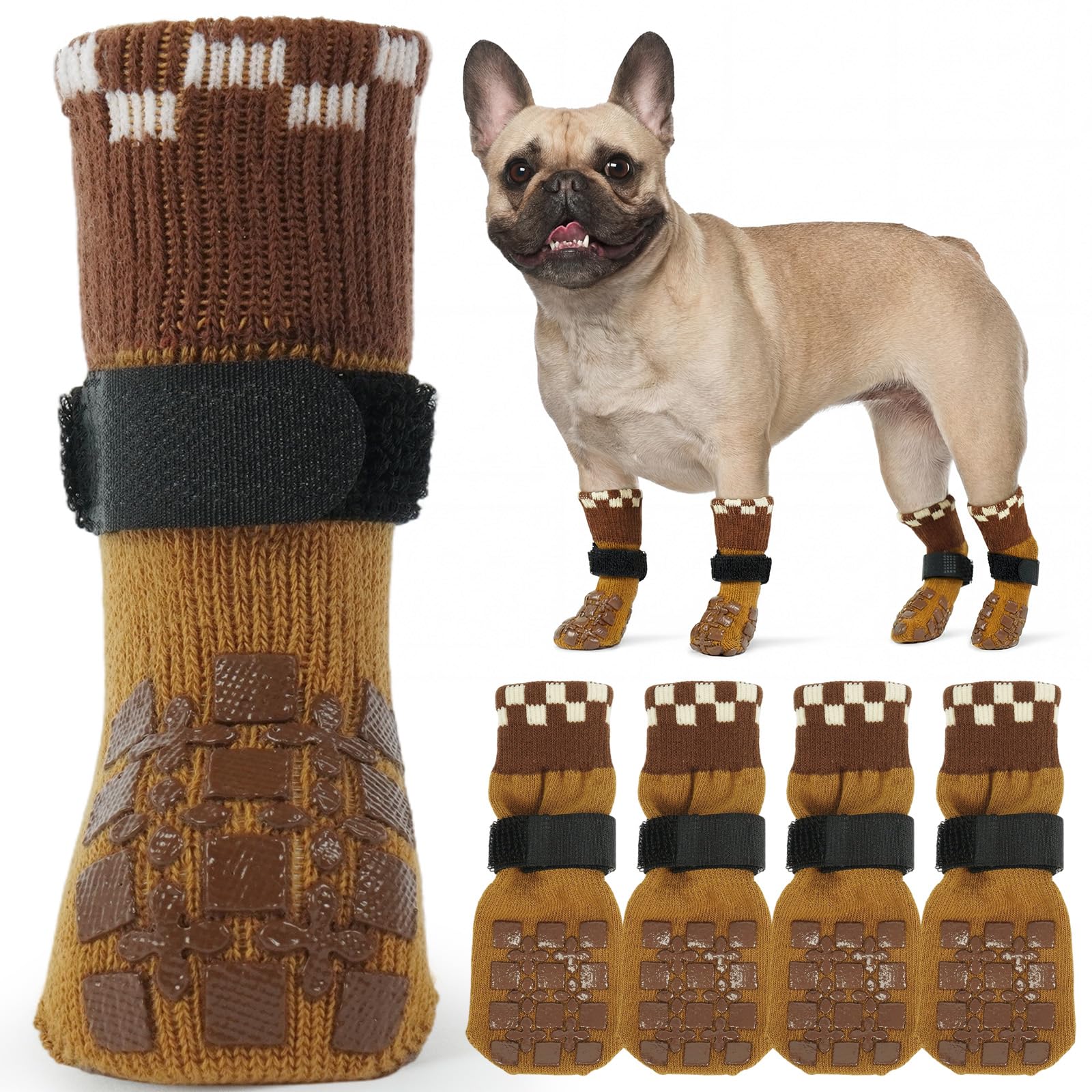 ROZKITCH 2 Pairs Dog Socks Paws Stop Licking, Socks for Injured Paws Double Side Non-Slip Dog Claw Slipper Foot Bandage Paw Protection After Operation on Toe Bichon Frise, French Bulldog Brown M