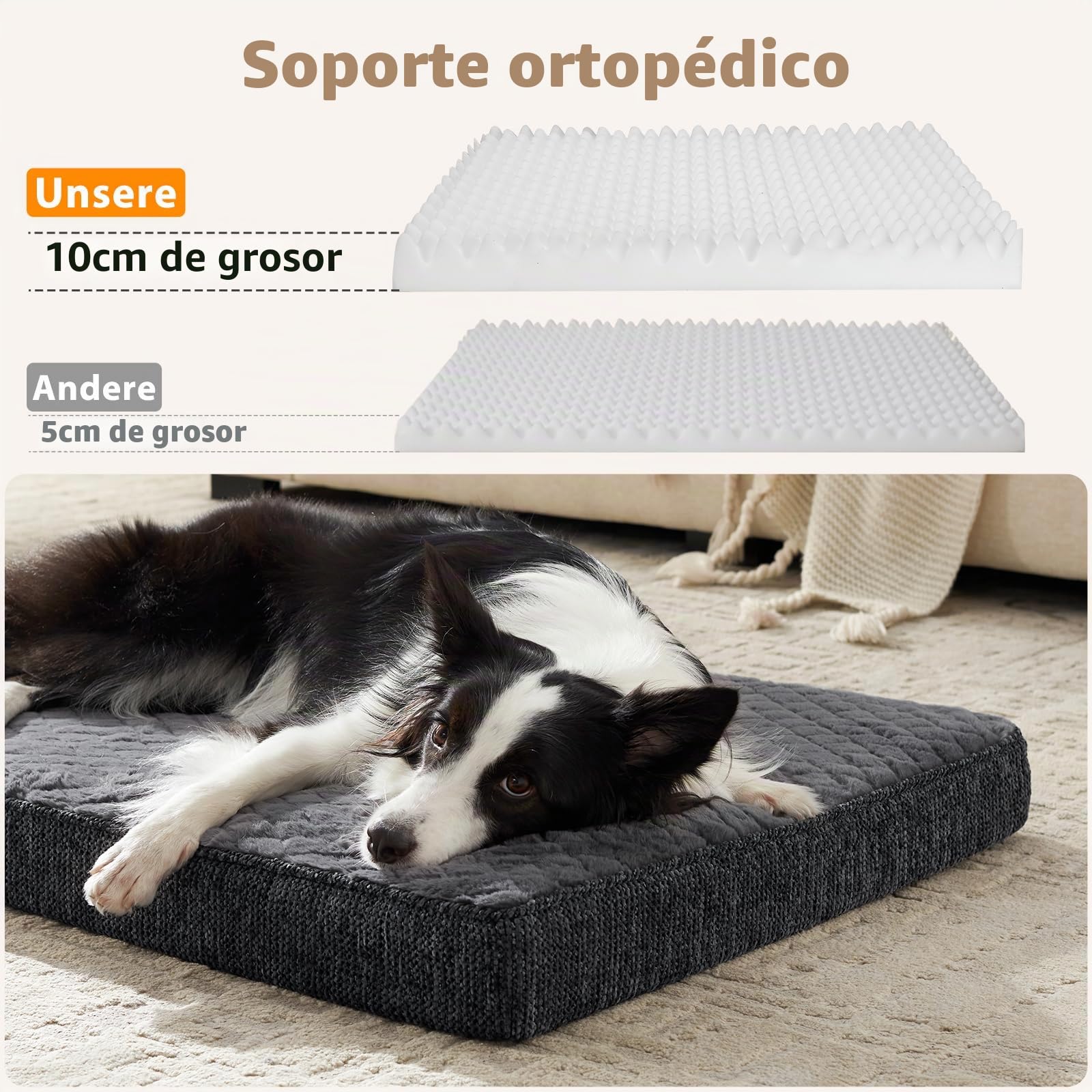 JOEJOY Cama ortopédica para perros grandes XXL, lavable y mullida, colchón para perros grandes, parte inferior antideslizante, 120 x 74 x 9 cm, color gris oscuro