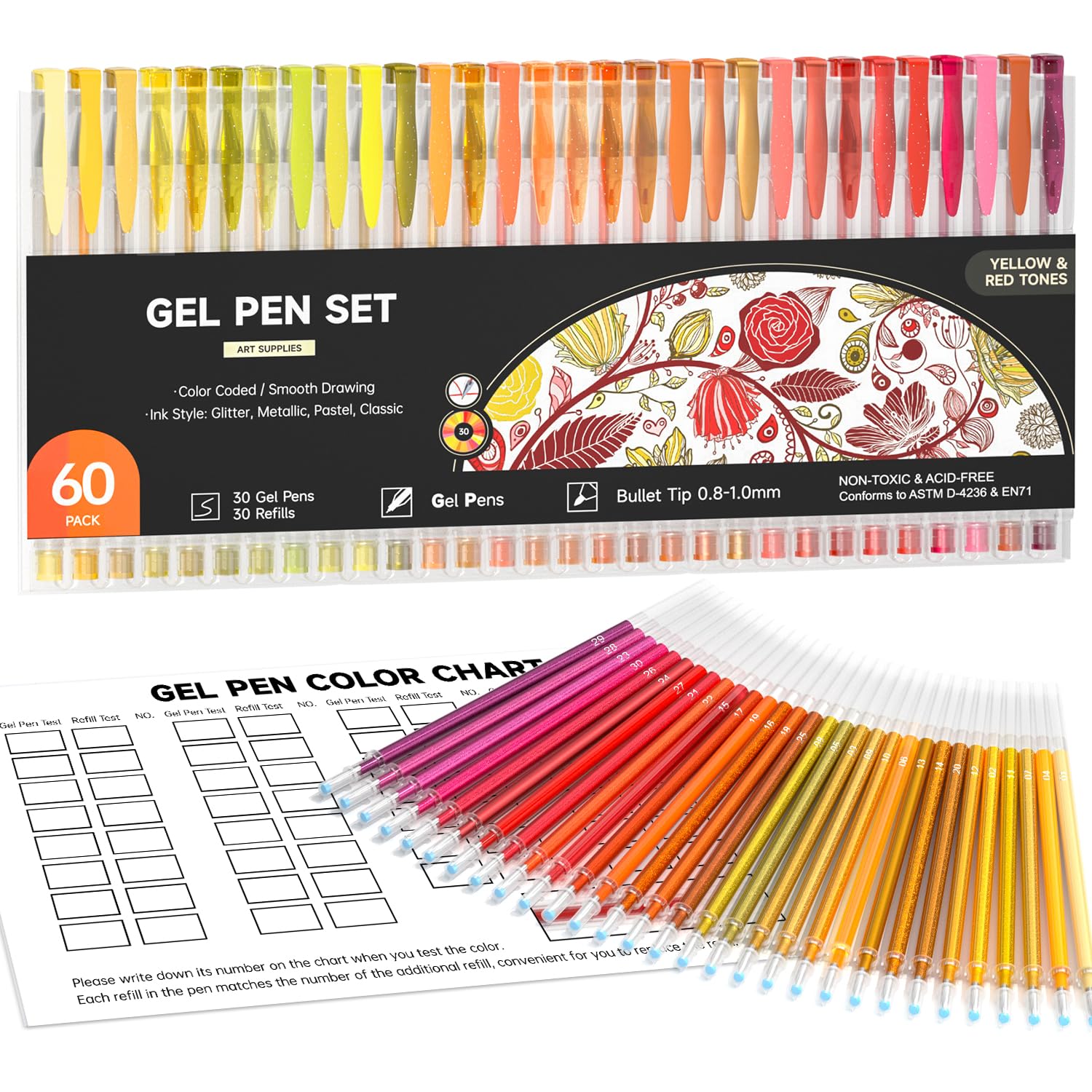 60 Pack Red Yellow Tone Gel Pens, 30 Red Orange Yellow Gel Pens with 30 Refills for Adults Coloring Books Journaling Drawing Nature, Landscapes, Animals Scenes